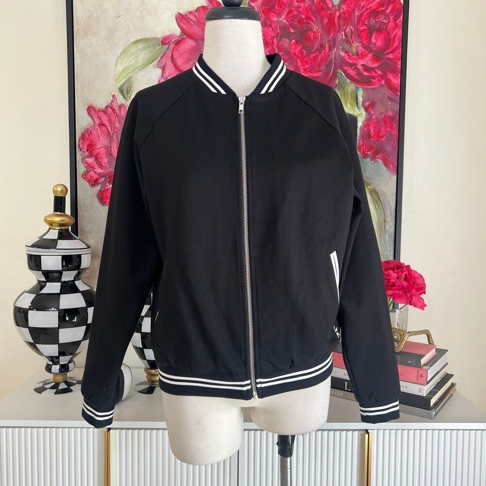 Rebel Athletic Women's Rhinestone Full Zip Bomber Jacket Black White Size Small